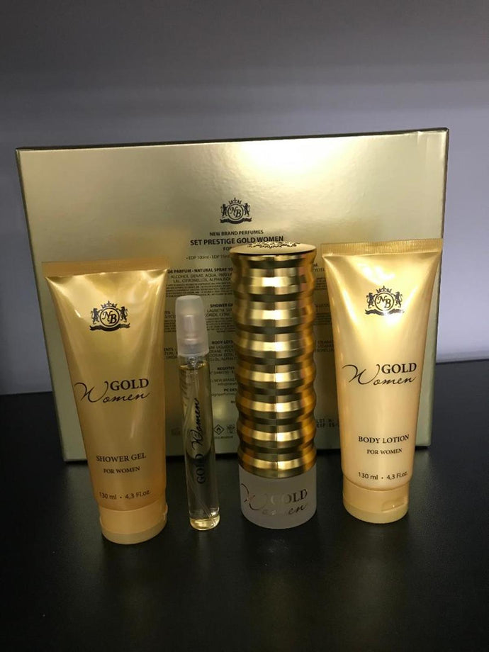 Gold Women by New Brand Parfums 100ml Edp Spray +15ml Edp Spray+130ml Body Lotion +130ml Shower Gel 4Pcs Women Set